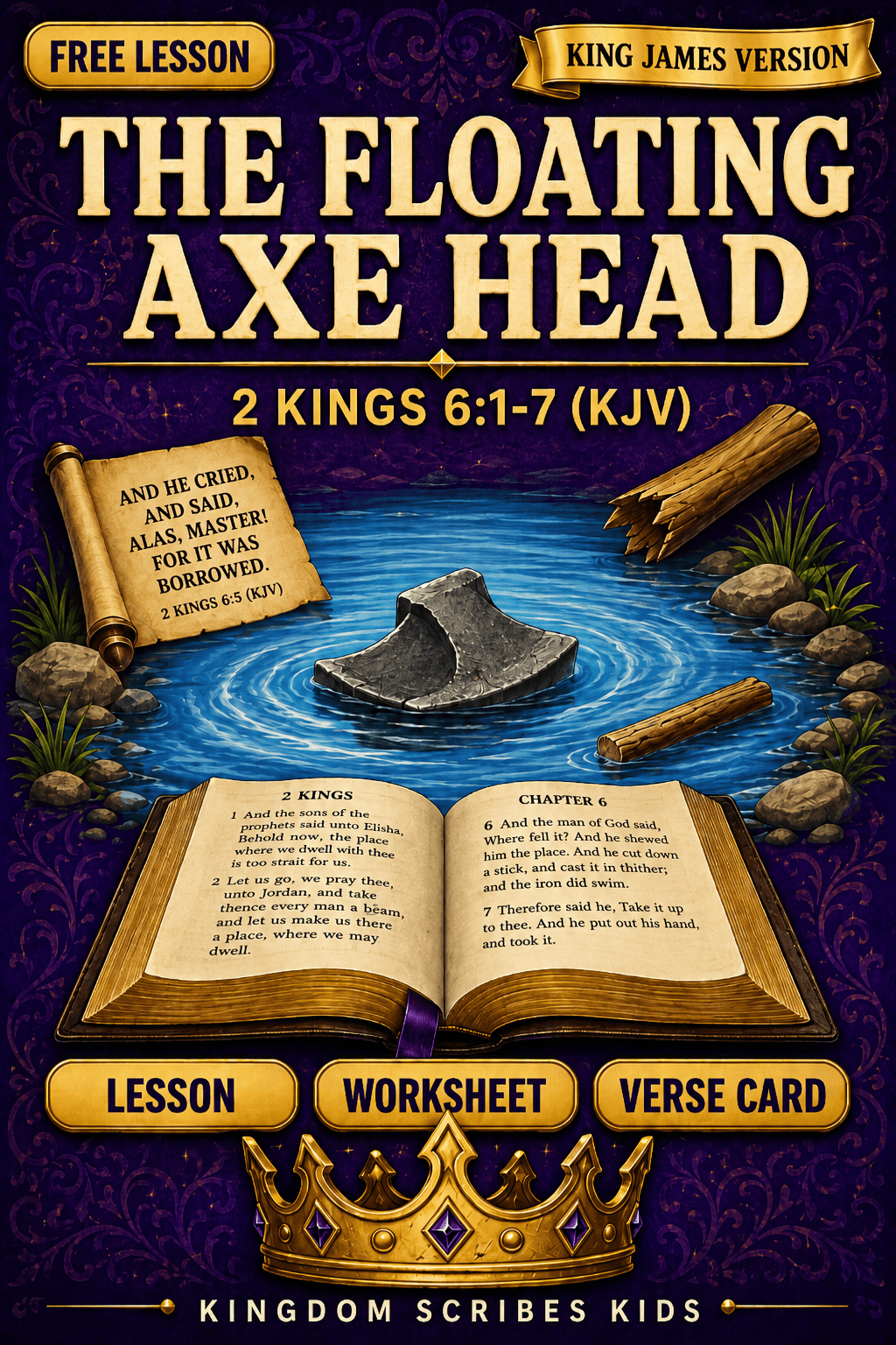 Cover of the Floating Axe Head free KJV Bible lesson pack — royal purple and gold with an iron axe head floating on water