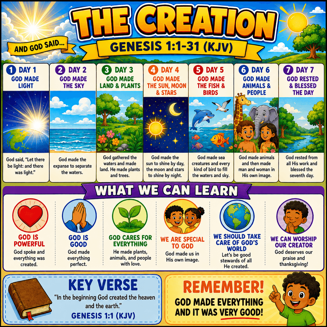 The Creation teaching poster — the seven days of creation from Genesis 1 in seven bright panels for kids, KJV