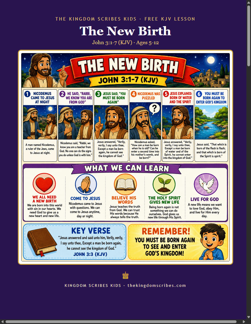 Cover of The New Birth free KJV Bible lesson pack — royal purple and gold, the story of Jesus and Nicodemus and being born again in John 3